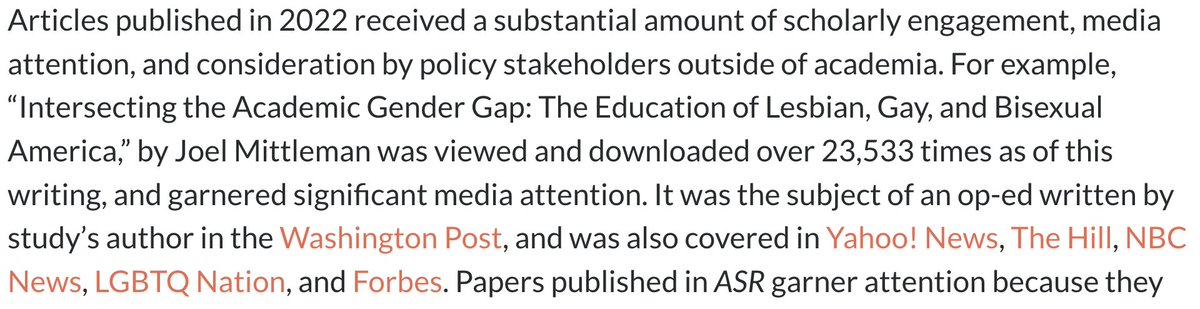 Reading the @ASAnews @ASR_Journal annual editors report and feeling completely choked up over this. I still kinda can't believe this all happened. Thanks so much to the ASR editors, the extraordinarily thoughtful anonymous reviewers, and the 23,533 (?!) people who read the piece