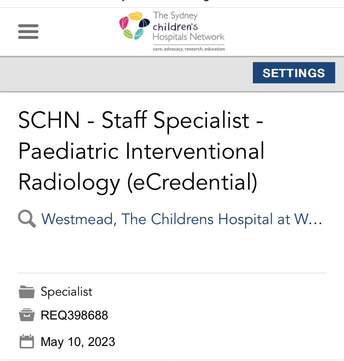 Trained in #pedsIR?
Looking for a #paedsIR career opportunity? 

Come and join our growing, diverse and exciting team <a href="/westmeadkids/">Westmead Kids</a> <a href="/SCHNkids/">Sydney Children's Hospitals Network</a> 

<a href="/RANZCRcollege/">RANZCR</a> 

Details here jobs.health.nsw.gov.au/schn/jobs/schn…

DM for more info