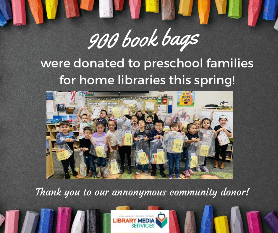 A generous anonymous community donor made book bags for all of our preschoolers a reality this spring. Thank you for 900 smiling faces and 2,700 books distributed to home libraries for our youngest learners! <a href="/visaliausd/">Visalia Unified School District</a> @earlychildhoodvusd #bookfloods