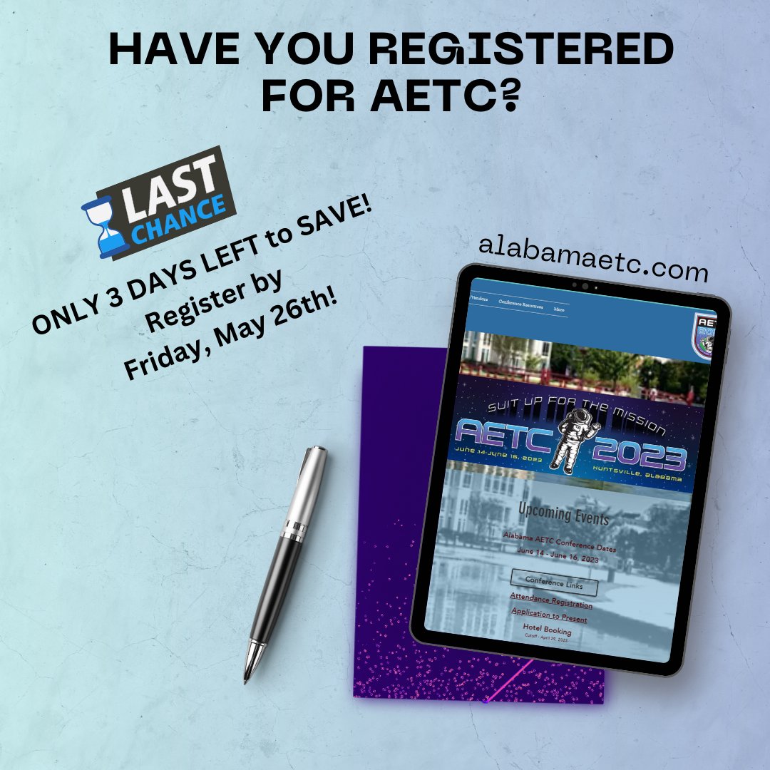 It's not too late to join us at AETC this year! We have exciting sessions planned! Register at alabamaetc.com. 
✅Register NOW and SAVE
✅Share
#AETC2023 #alsdeedtech #technologyconference