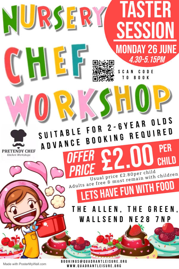 BOOKINGS NOW OPEN for our exciting #pretendychef kids classes at The Allen, Wallsend Green NE28 7NP 
Nursery Chef (2-6yrs) & Junior Chef (7-14yrs)
Advance bookings only 
bookwhen.com/quadrant

#cookingwithfamily #cookingwithkidsisfun #cookingworkshops #cookingclass #wallsend