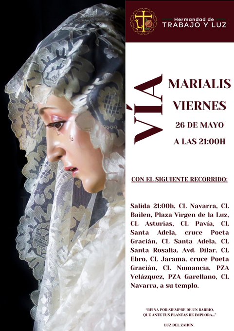 Horario e Itinerario Vía Marialis Nuestra Señora de la Luz. Granada 26 de Mayo del 2023