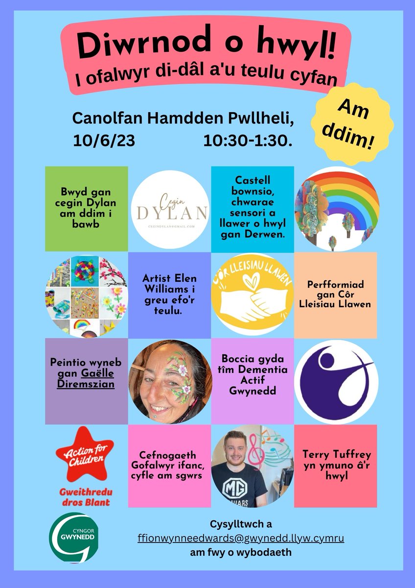Ydych chi neu aelod o'r teulu yn ofalwr di-dal?
Ymunwch â diwrnod o hwyl yng Nghanolfan Hamdden Pwllheli, 10/06/23 o 10:30- 13:30 
Am fwy o wybodaeth cysylltwch â ffionwynneedwards@gwynedd.llyw.cymru 

@GGTGwyneddFIS <a href="/BywnIachCymru/">Byw'n Iach</a> <a href="/actnforchildren/">Action for Children</a> <a href="/LlwybrauLl/">Llwybrau Llesiant</a>