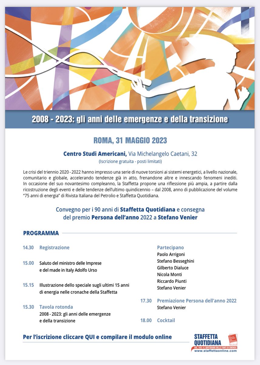 Mercoledì prossimo 31 maggio Staffetta Quotidiana compie 90 anni. Si festeggia al <a href="/centrostudiusa/">CentroStudiAmericani</a>. Convegno “2008-2023 gli anni della transizione e delle emergenze”.

Per iscriversi:

docs.google.com/forms/d/e/1FAI…