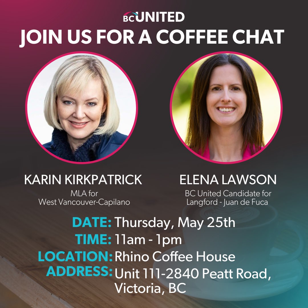 Coffee Chat with MLA @KirkpatrickWVC 

When: Thursday May 25 at 11am
Where: Rhino Coffee House 
Unit 111-2840 Peatt Road, #Langford 

#BCUnited #bcpoli #LangfordJDF #UseYourVoiceAndVote #BetterIsPossible