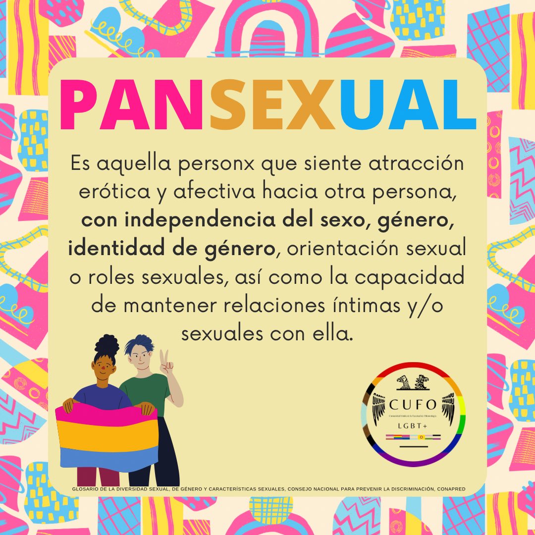 cufo_lgbt's tweet photo. #Pansexual 🩷🩵💛 

Es aquella personx que siente atracción erótica y afectiva hacia otra persona, con independencia del sexo, género, identidad de género, orientación sexual o roles sexuales. 

#diadelavisibilidadpansexual #odontounam #CUFO #LGBT https://t.co/OM7IptYqZW