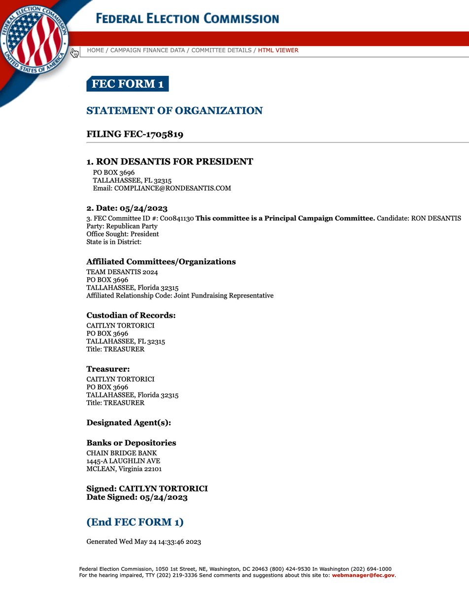 PeterSchorschFL's tweet image. .@RonDeSantis for President was officially born at 2:24 p.m. on May 24, 2023 per the @FEC.

#FlaPol