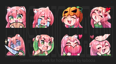 kabociaVT's tweet photo. emotki dla hoshichaan_ 😳 #commissionwork #twitch #emote #emoticons #emoji #vtuber #kabocha #bread #gasm #heart #knife #pat #cry #rawr #jakimaszdziskolormajt? https://t.co/GVMTKqKcPU