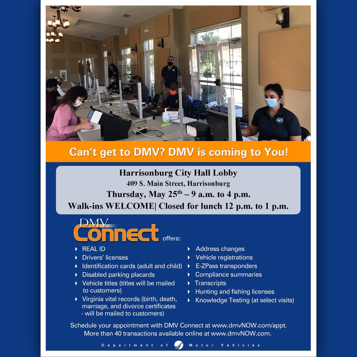 DMV Connect is in the Harrisonburg City Hall lobby today until 4pm (closed from 12-1pm for lunch).
Walk-ins are welcome.