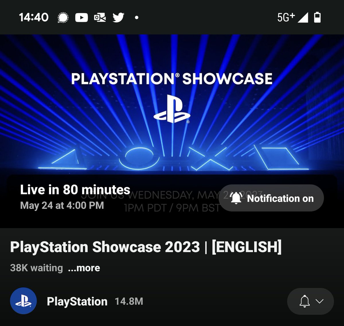 80 mins to go with 38K+ waiting

#PlayStationShowcase #SonyPlayStation #PlayStation5 #PS5 #GreatnessAwaits