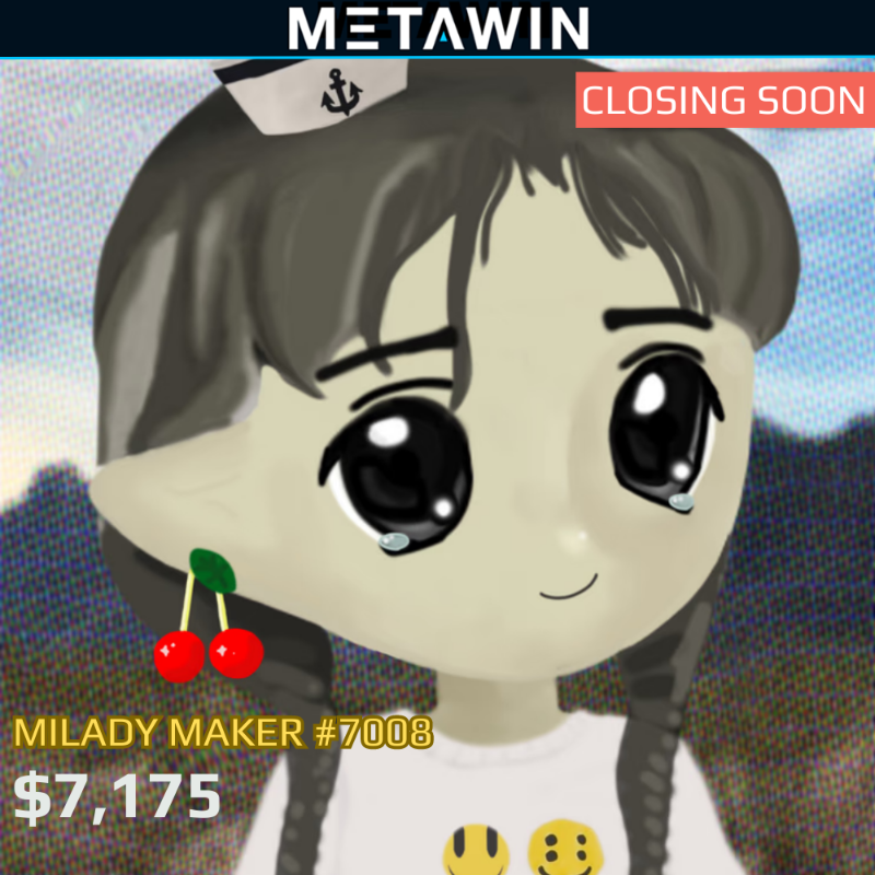 MetaWin's tweet photo. CLOSING SOON! ⏰

Win Milady Maker #7008 valued at $7,178 today at MetaWin. 

Just takes one ticket to walk away with this amazing prize. 🎁