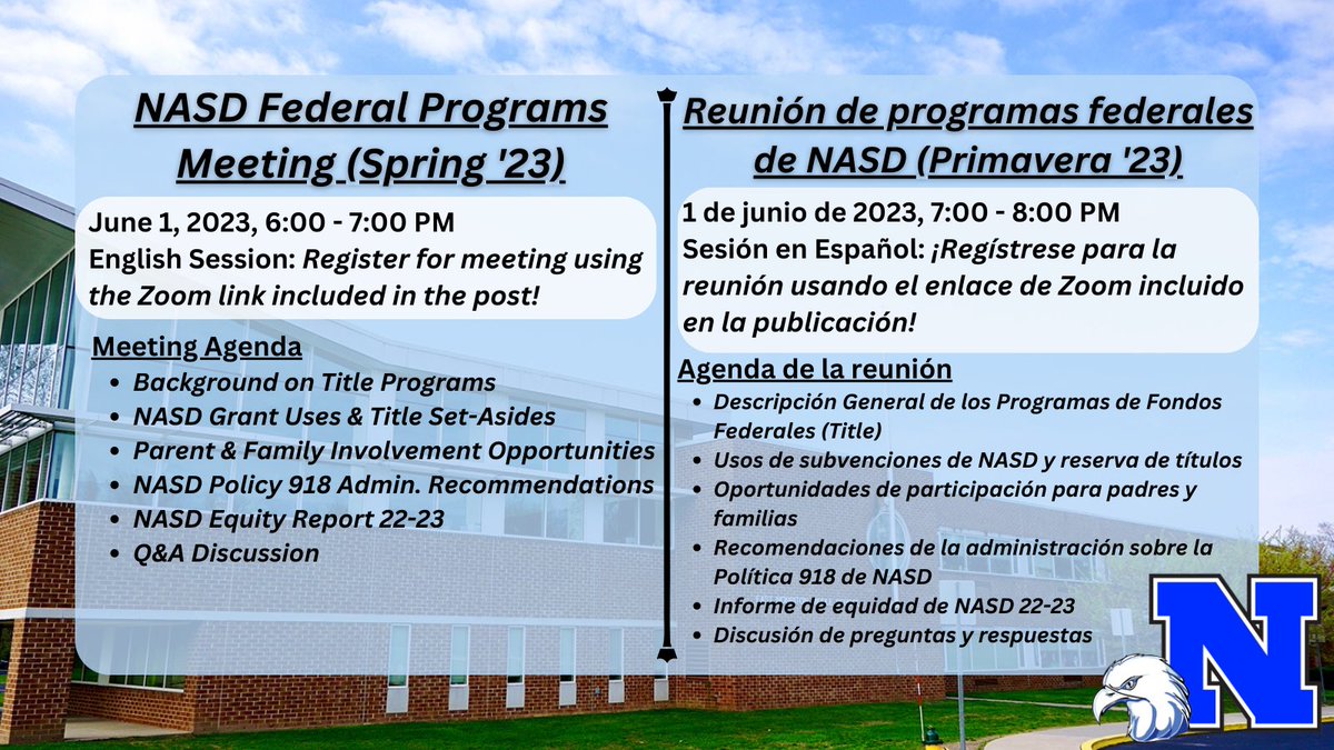 Open invitation to all NASD Parents for a federal programs meeting! Register for the English session: zoom.us/webinar/regist…

¡Invitación abierta a todos los padres de NASD para una reunión de programas federales! Regístrese aquí para la sesión en español zoom.us/webinar/regist…