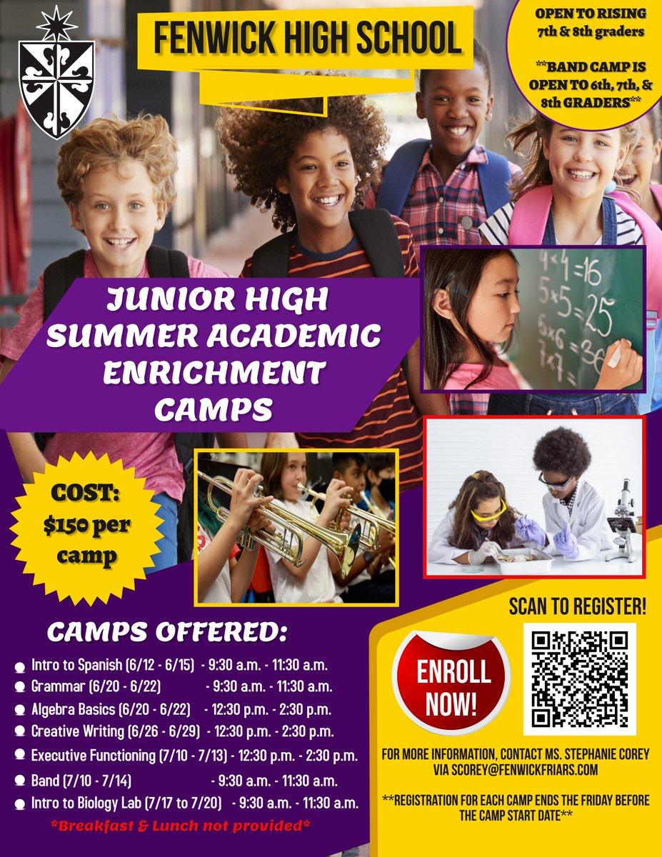 Looking to keep your middle school student academically engaged this summer? Sign your child(ren) up TODAY for the Junior High Summer Academic Enrichment Camps at Fenwick!  Check out the flier for more information