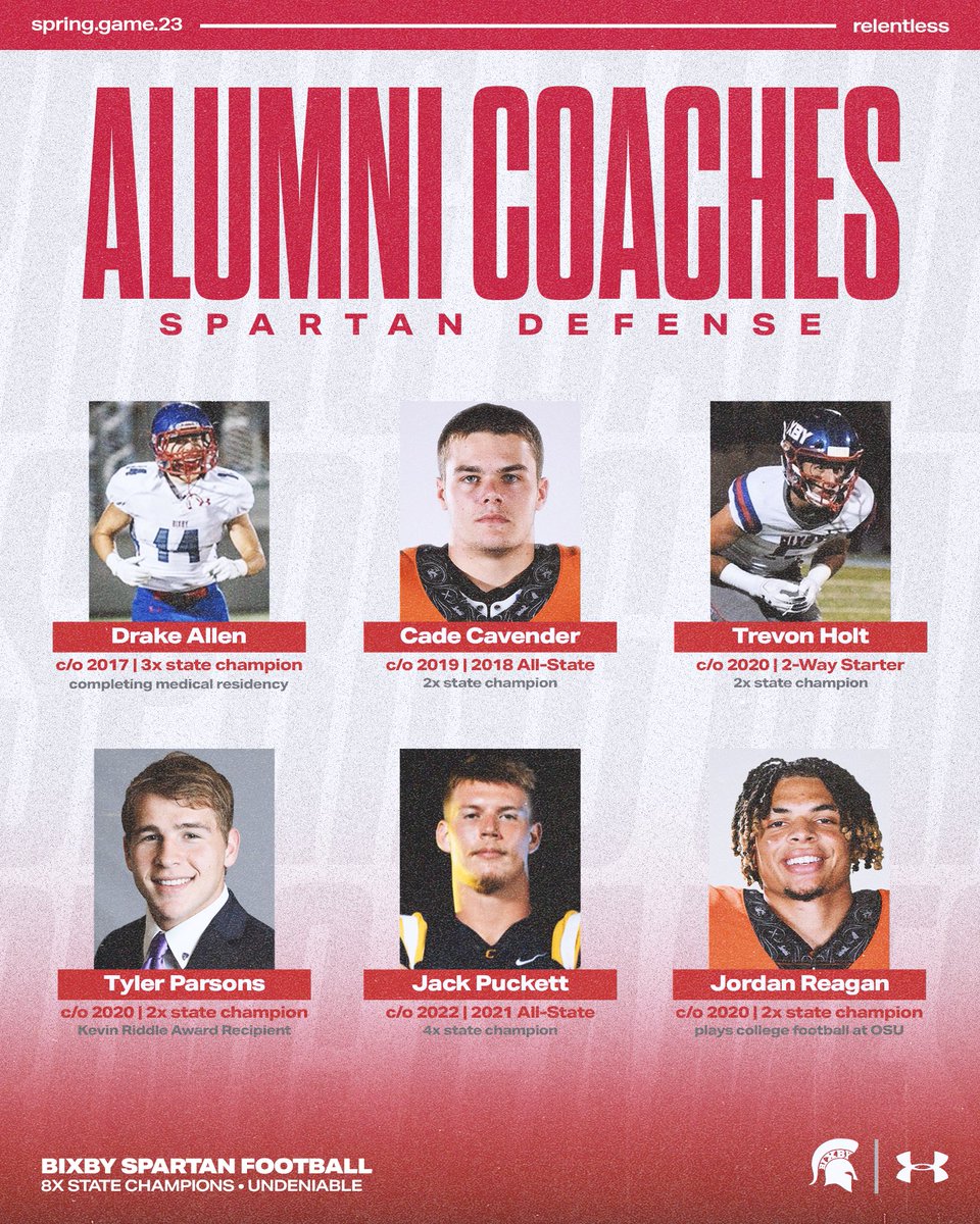 Introducing your Alumni Coaches for the 2023 Spring Game 🔴🔵

🏈 2023 Spartan Spring Game
📆 Thursday, May 25th at 6 pm
📍 Lee Snider Field
🎟️ One Case of Gatorade

Spartan Nation, we’ll see you TOMORROW!

#BixbySpartans | #Undeniable