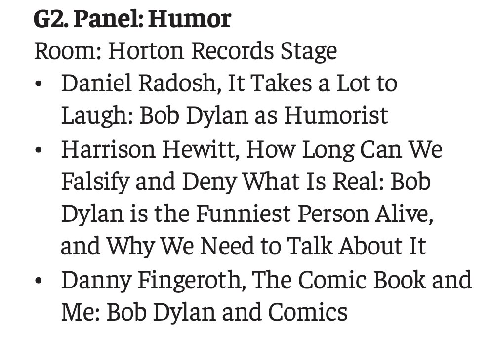 Bob Dylan has a wicked sense of humor and so we've called in the experts on this topic at this year's @SwitchyardTulsa /World of Dylan, including <a href="/danielradosh/">Daniel Radosh</a> from <a href="/TheDailyShow/">The Daily Show</a>! This is one of dozens of panels running from June 1 to June 4 here in Tulsa. Tix are almost gone!