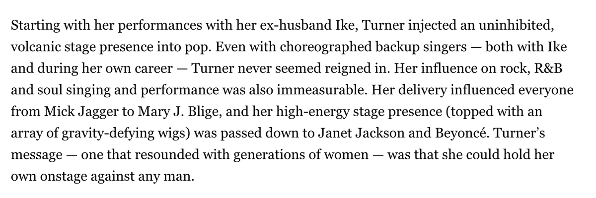 RollingStone's tweet image. The legendary Tina Turner&apos;s influence on rock, R&amp;amp;B and soul singing and performance was immeasurable. 

More: rollingstone.com/music/music-ne…