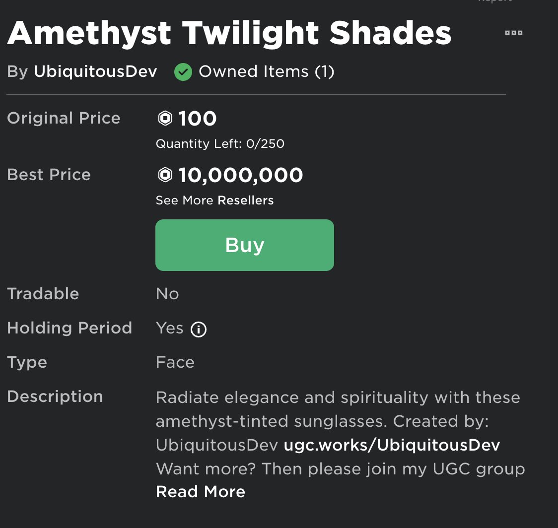 ubiquitous_dev's tweet image. UGC LIMITED now sellable! Amethyst Twilight Shades! You can now buy and sell these shades! roblox.com/catalog/132410… #roblox #RobloxUGC #RobloxUgcItem #RobloxLimitedUGC #RobloxDev #RobloxDevs