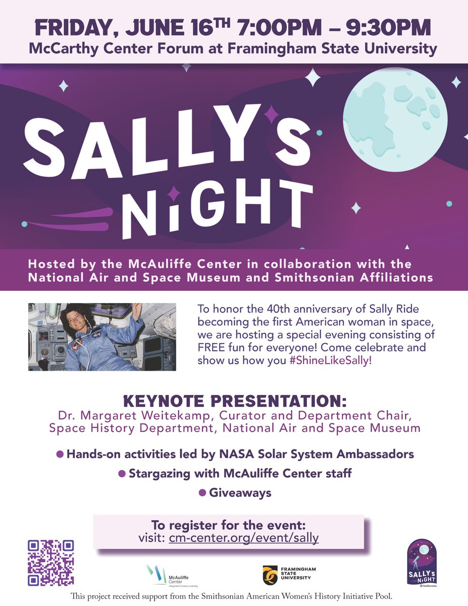 On June 16 from 7-9:30pm, we are hosting a Sally's Night Celebration in the McCarthy Center Forum at @framinghamU in collaboration with <a href="/airandspace/">National Air and Space Museum</a> &amp; <a href="/SIAffiliates/">@SIAffiliates</a>! Register to join us on this special evening with FREE fun for everyone: cm-center.org/events #ShineLikeSally