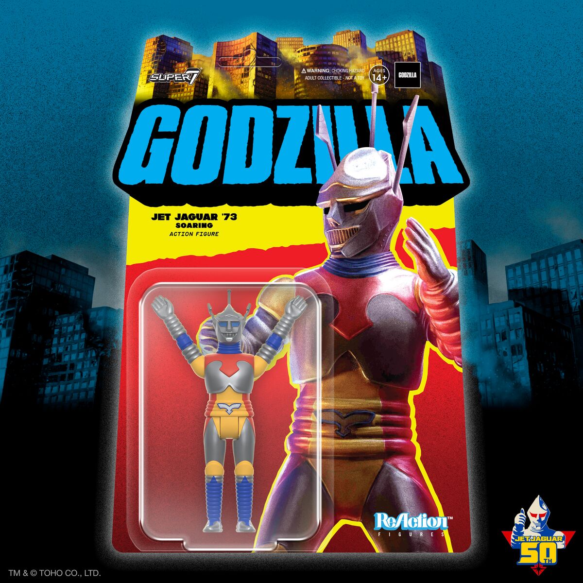 super7store's tweet image. Celebrating 50 years since its first appearance in the 1973 film Godzilla vs. Megalon, a Super7 exclusive variant of Jet Jaguar is flying in to help quell Kaiju chaos! Arriving at Super7.com this summer. #super7 @Godzilla_Toho