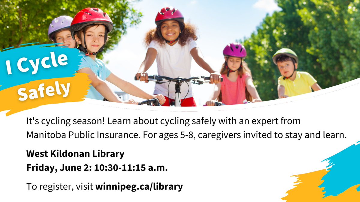 wpglibrary's tweet photo. I Cycle Safely

It's cycling season! Share in some cycling stories and learn about cycling safely with an expert from Manitoba Public Insurance.

West Kildonan Library
Friday, June 2: 10:30-11:15 a.m.

Register here:
https://t.co/8D8Ji1EhOw https://t.co/kq85LE4vI3