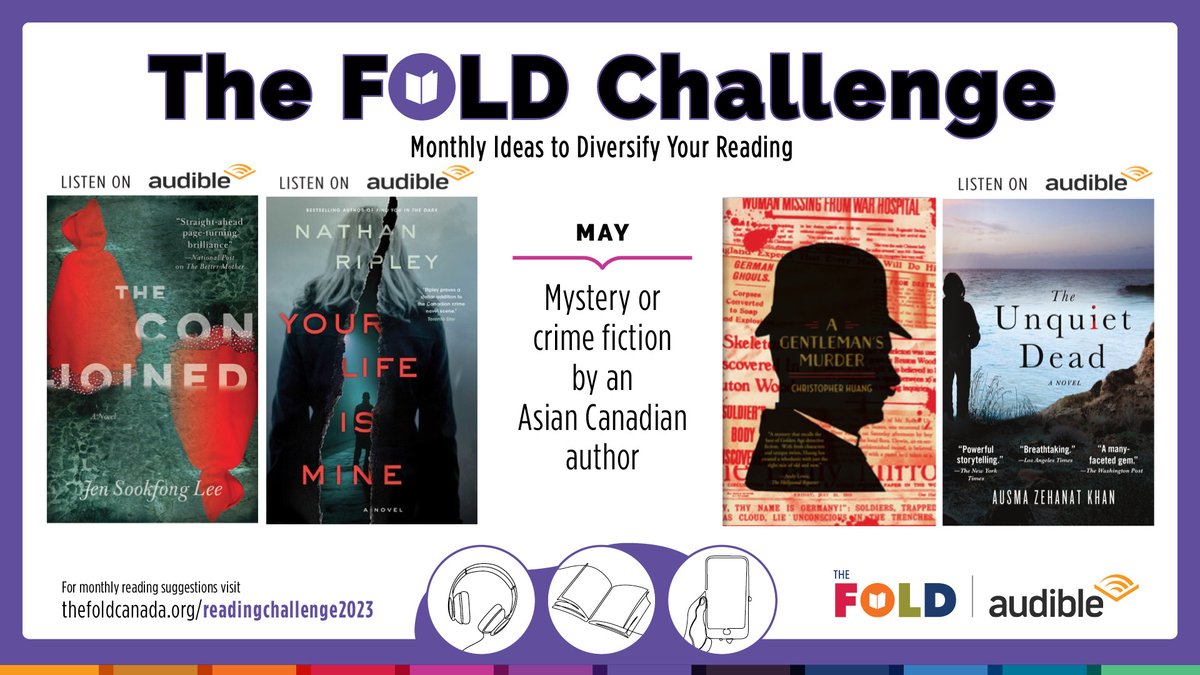 TheFOLD_'s tweet photo. Time for a May #FoldChallenge: mysteries & crime fiction by Asian Canadian authors!
Feat. titles from @JenSookfongLee @NabenRuthnum Christopher Huang, & @ausmazehanat
The 2023 FOLD Challenge is sponsored by @audible_ca
https://t.co/mbXvk2jnYP https://t.co/evDmCF0yfA