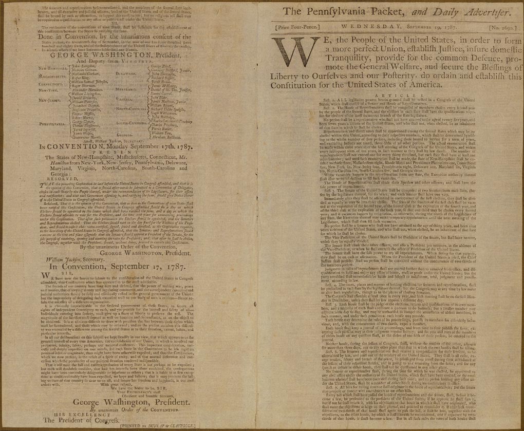 #OnThisDay in 1787, the #ConstitutionalConvention in Philadelphia began. Check out this first public printing of the Constitution in our exhibit, #ConstitutingLiberty. 

Credit: National Constitution Center Collection, Gift of Robert L. McNeil, Jr.