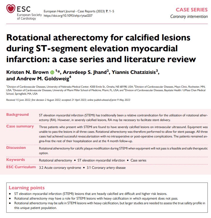Kristen_BrownMD's tweet image. Just out in @ESC_Journals #EHJ ➡️ a descriptive cases series, literature review, and details on how experienced operators cautiously use #RotationalAtherectomy safely and effectively in calcified #STEMIs ncbi.nlm.nih.gov/pmc/articles/P…
