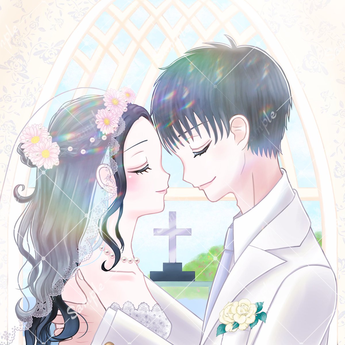 1girl 1boy veil hetero black hair closed eyes church  illustration images