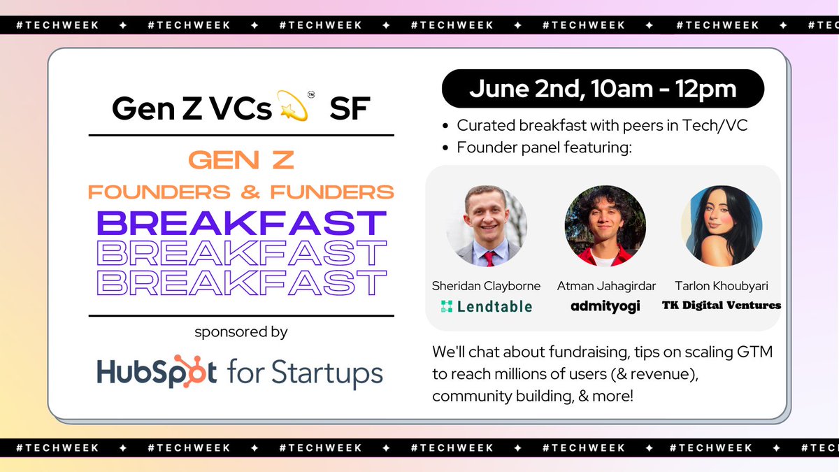Get excited... SF Tech Week here we come!!! 🙌

Super excited to hear from <a href="/shewidan/">Sheridan Clayborne</a>, <a href="/atmanjaha/">Atman Jahagirdar</a>, and <a href="/TarlonKhoubyari/">Tarlon</a> sharing insights on building/scaling to millions of ppl w/ a curated group. Made possible by <a href="/HubSpot/">HubSpot</a> :)

RSVP here to join on June 2nd: partiful.com/e/E8DAUExmxrXB…