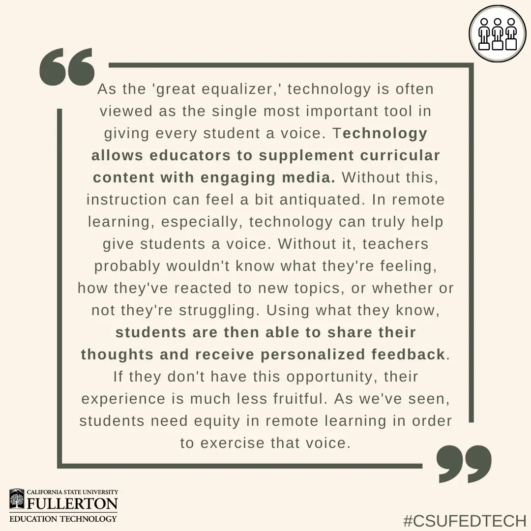 'As the 'great equalizer,' technology is often viewed as the single most important tool in giving every student a voice... ' Read the full article from Eduporium. Link in bio. #csufedtech #equityinedtech #givingstudentsvoice buff.ly/3VihFUI