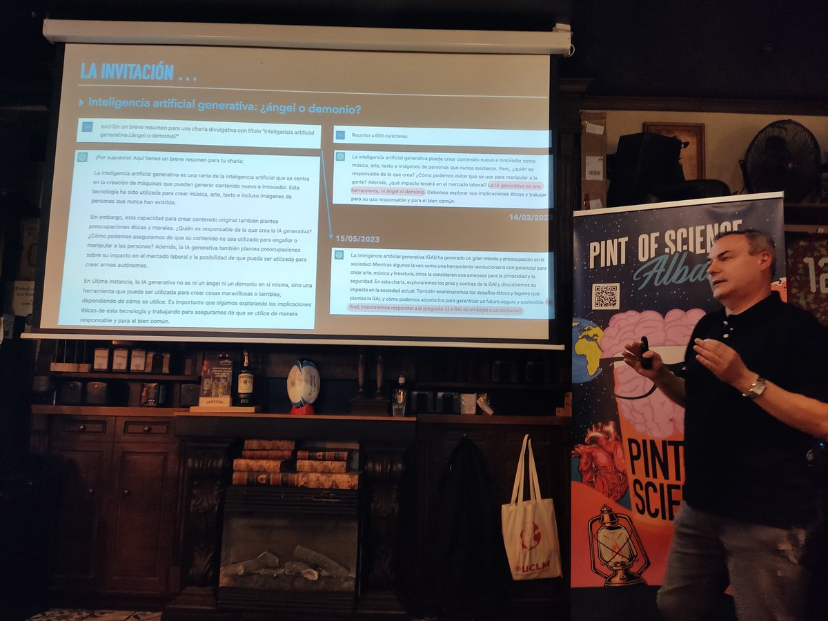 Fran_Jareno's tweet image. Última ponencia del festival @pintofscienceES #Pint23ALB #Pint23ES con #JoseAntonioGamez hablando sobre IA, ¿Ángel o Demonio?
@esiiab @UCLMdivulga @uclm_es 
@ivarea @najera2000 @ana__escribano @CEstefaniaC @CarmenM_Leon