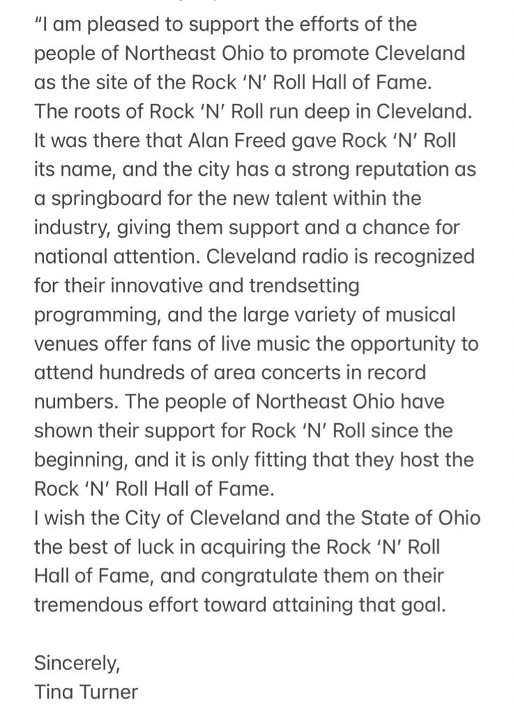 Tina Turner’s 1985 letter in support of the @rockhall being located in Cleveland, Ohio. 

RIP Tina Turner