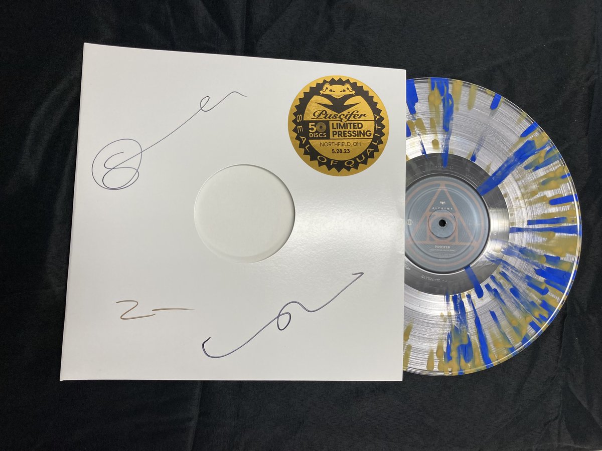 puscifer's tweet image. Tonight's poster for Northfield (OH) by Jon Wilcox. Ltd ed of 170 regular &amp;amp; 25 foil, the poster will be at the merch booth, w/ some signed by the band. Tonight's ER vinyl variant (50 copies) &amp;amp; show tee will also be at the merch booth. #puscifer @mjkeenan @carinaround #matmitchell