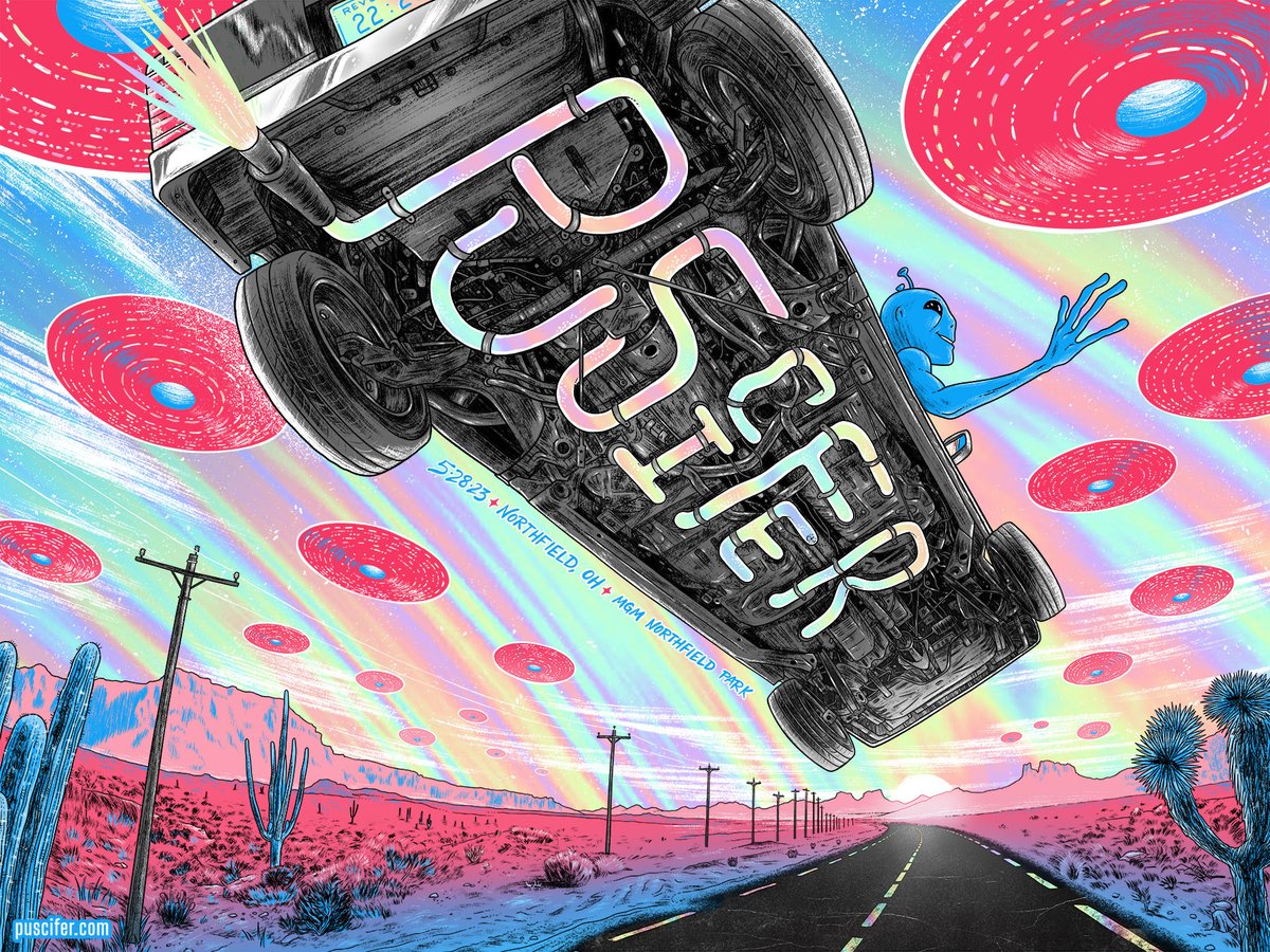 puscifer's tweet image. Tonight's poster for Northfield (OH) by Jon Wilcox. Ltd ed of 170 regular &amp;amp; 25 foil, the poster will be at the merch booth, w/ some signed by the band. Tonight's ER vinyl variant (50 copies) &amp;amp; show tee will also be at the merch booth. #puscifer @mjkeenan @carinaround #matmitchell