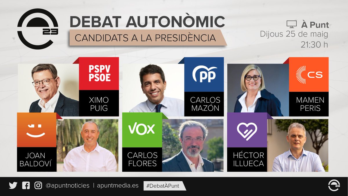 📺Demà, segueix el #DebatÀPunt en À Punt

🕤21:30 h, prèvia amb <a href="/qs_carolina/">Carolina Salvador Quiles</a> 

🕙22:00 h,  debat autonòmic amb els candidats i candidates a la presidència de la <a href="/generalitat/">Generalitat</a>
Amb <a href="/ventura_marta/">Marta Ventura</a> i <a href="/MathiesMunoz/">Mathies Muñoz</a> 

🕛00:00 h, postdebat, amb <a href="/qs_carolina/">Carolina Salvador Quiles</a> 
web.apunt.es/Cobertura28M