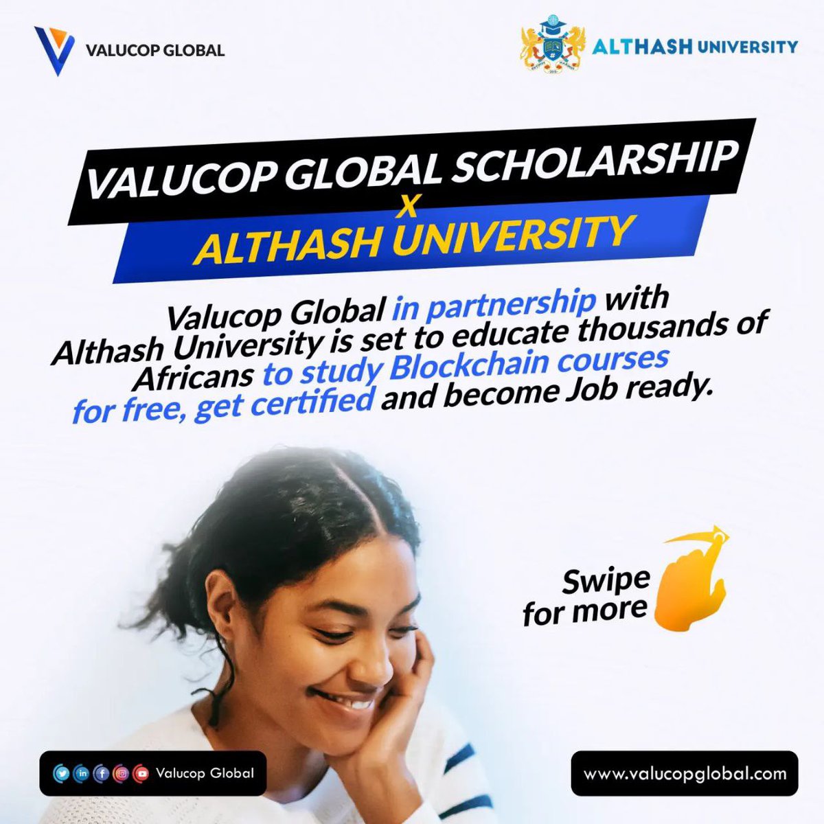 Valucop Global in partnership with
Althash University is set to educate thousands of Africans to study Blockchain courses for free! 

Get certified and become Job ready.
Signup 
edu.althash.university