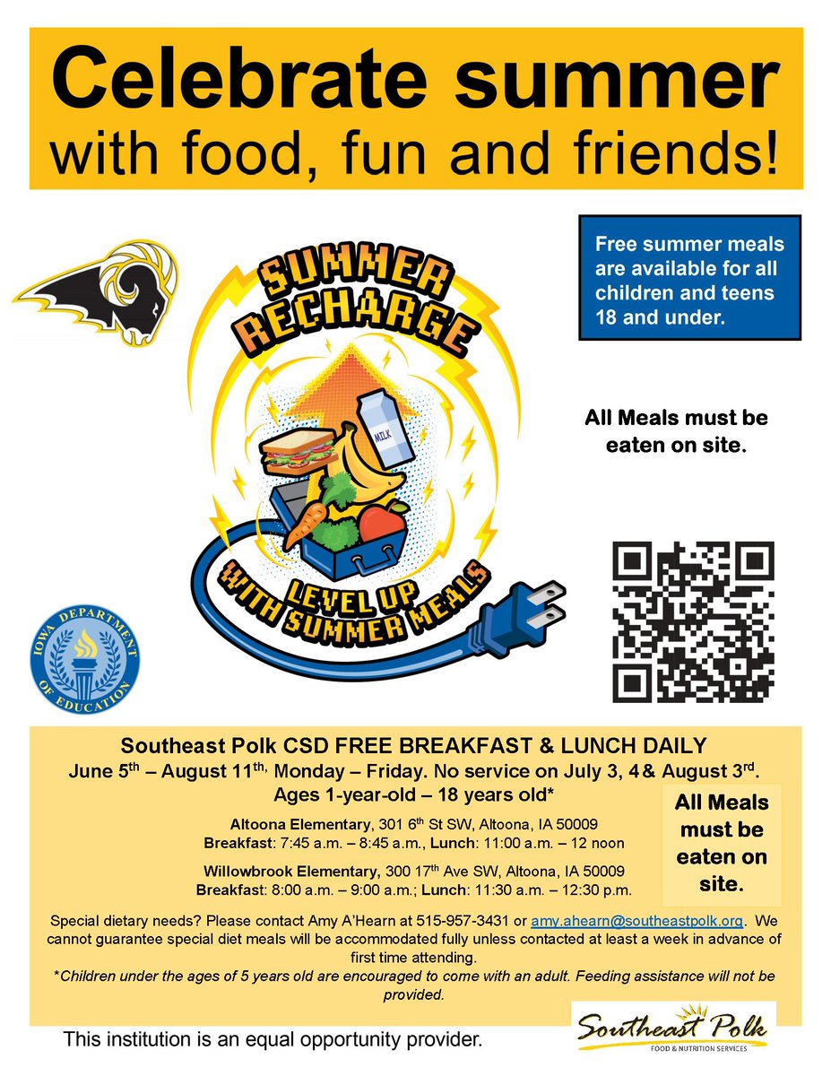 Just a reminder that this Friday, May 26,  is the students' last day of school!  

Also, we want to ensure everyone knows that free summer meals will be available this summer starting on June 5. For details, parents, see the May 23 email or check out the flyer below.

#1SEP