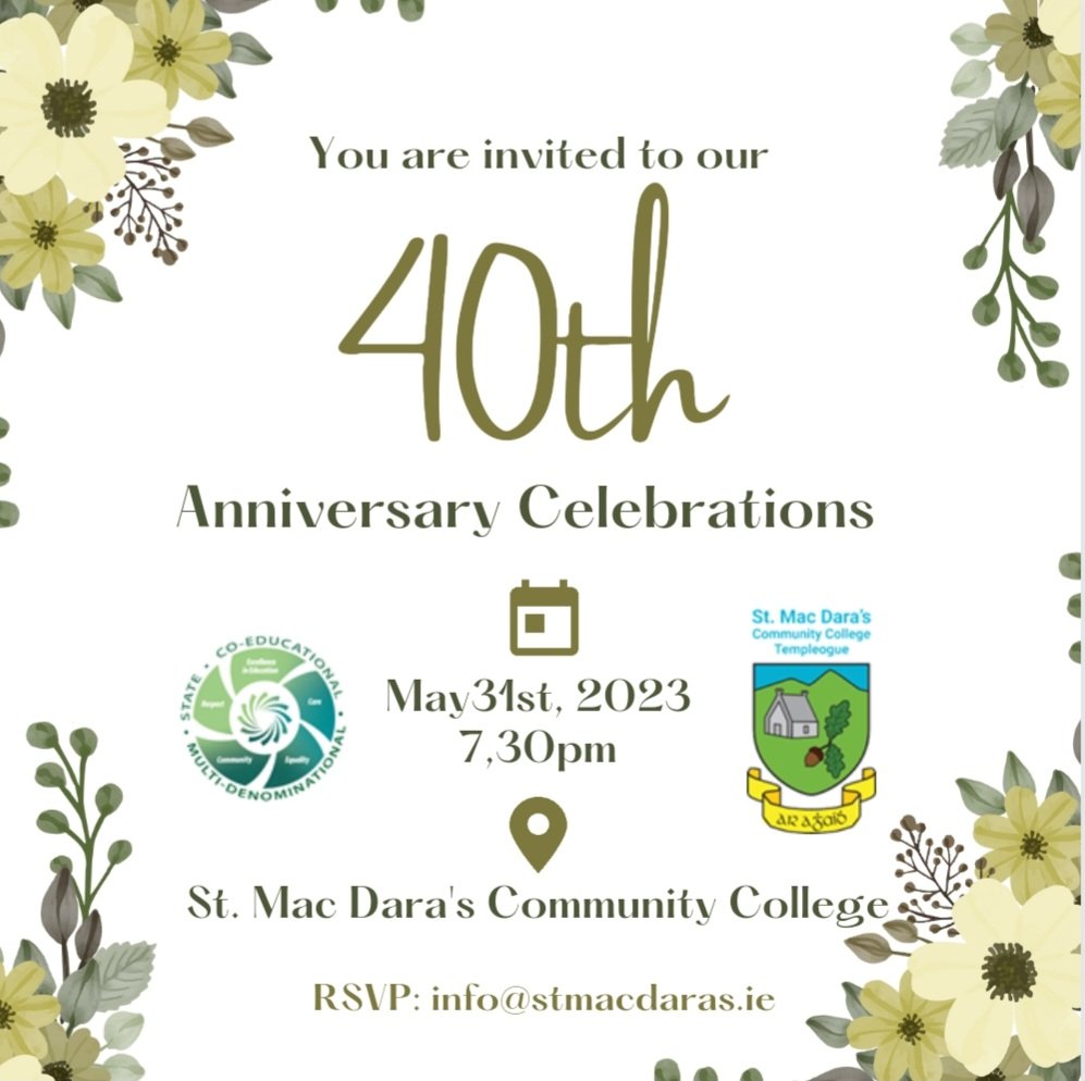 Spread the word, our 40th celebration is on Wednesday 31st. We are looking forward to an evening of reminiscing amongst friends. <a href="/ddletb/">Dublin & Dún Laoghaire ETB</a> <a href="/clgnaomhjude/">CLG Naomh Jude</a> <a href="/StMacDarasTY/">St.MacDara'sTY</a>