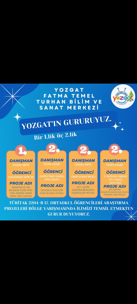 Tübitak 2204-B grubuna ilimizden 70projeyle yapılan başvurunun 23ü, bölge finaline ilimizden kalan 12projenin 7si, bölgede derece alan 4projenin tamamı
FTT BİLSEM'den👏Türkiye finaline kalan <a href="/GamzeeMete/">GamzeMete</a> ve öğrencimize başarlr @Cemal_Ozdemir67  <a href="/ziyapolat73/">Ziya POLAT</a> <a href="/yusufyaz66/">Yusuf Yazıcı</a> <a href="/koyuncu_/">abdulkadir koyuncu</a>