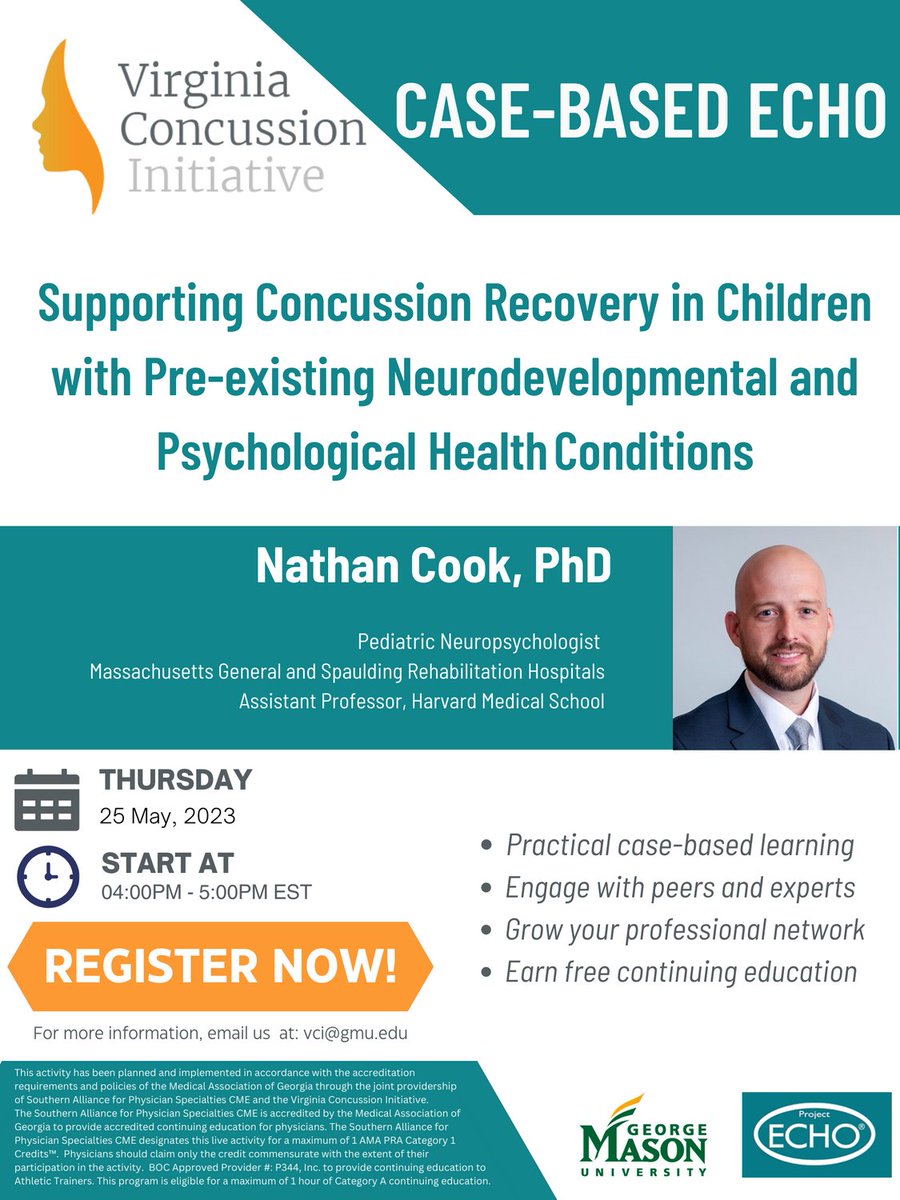 Virginia Concussion Initiative (@vci_tbi) on Twitter photo Excited to attend Dr. Nathan Cook's VCI ECHO session on aiding concussion recovery in children with pre-existing conditions! Join us on May 25 at 4:00 pm EST by registering here: echo.zoom.us/meeting/regist…
<a href="/nathanecook/">Nathan E. Cook, Ph.D.</a> <a href="/MasonCEHD/">George Mason CEHD</a> <a href="/GeorgeMasonU/">George Mason University</a> <a href="/SMARTLabGMU/">SMART Lab</a> Excited to attend Dr. Nathan Cook's VCI ECHO session on aiding concussion recovery in children with pre-existing conditions! Join us on May 25 at 4:00 pm EST by registering here: echo.zoom.us/meeting/regist…
<a href="/nathanecook/">Nathan E. Cook, Ph.D.</a> <a href="/MasonCEHD/">George Mason CEHD</a> <a href="/GeorgeMasonU/">George Mason University</a> <a href="/SMARTLabGMU/">SMART Lab</a>