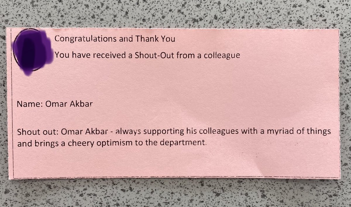 UnofficialOA's tweet photo. Some good practice…

My school does ‘shout outs.’

A teacher can (anonymously) nominate another for a ‘shout out’ for any professional reason. The ‘shout out’ is then delivered to the teacher by the Headteacher.

I should win an Oscar for this: 
‘Cheery optimism.’ Me? 🤣

#edutwitter
