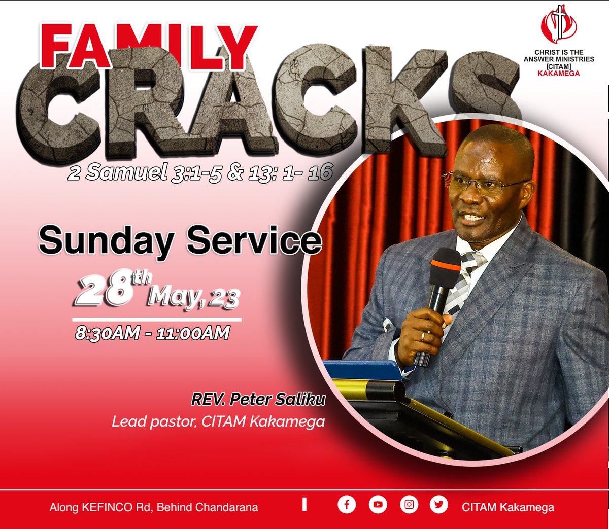 Join us this Sunday, May 28th, 2023, in our service from 8:30AM to 11:00AM. Rev. Peter Saliku,  Lead Pastor at CITAM Kakamega will be sharing on the topic, 'Family Cracks.'

 #SeeWhatTheLordHasDone
#FamilyMonth
 #InHisPresence 
#AbideInMe 
#WorshipSunday 
#CitamKakamega