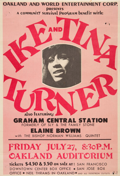 Rest in peace to the great Tina Turner! Here's a poster from a Community Survival Program benefit concert that she headlined at the Oakland Auditorium on the shores of Lake Merritt in 1973.