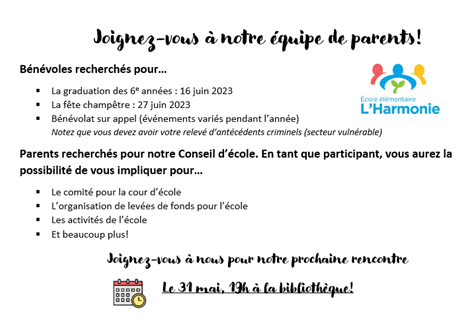 31 mai- Rencontre du Conseil d'école 
Tous les parents intéressés sont invités à se joindre à notre rencontre du Conseil d'école le 31 mai prochain à 19h à la bibliothèque. Nous vous attendons en grand nombre!