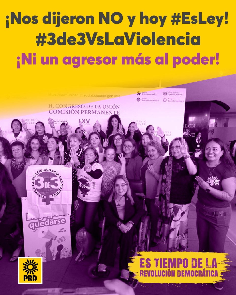 PRDMexico's tweet image. Desde el #PRD, celebramos la declaratoria de constitucionalidad de la #3de3VsViolencia, un gran paso para los derechos de las mujeres. Nuestro reconocimiento a las Diputadas y lideresas perredistas por impulsar tan importante Ley. #NingunAgresorEnElPoder