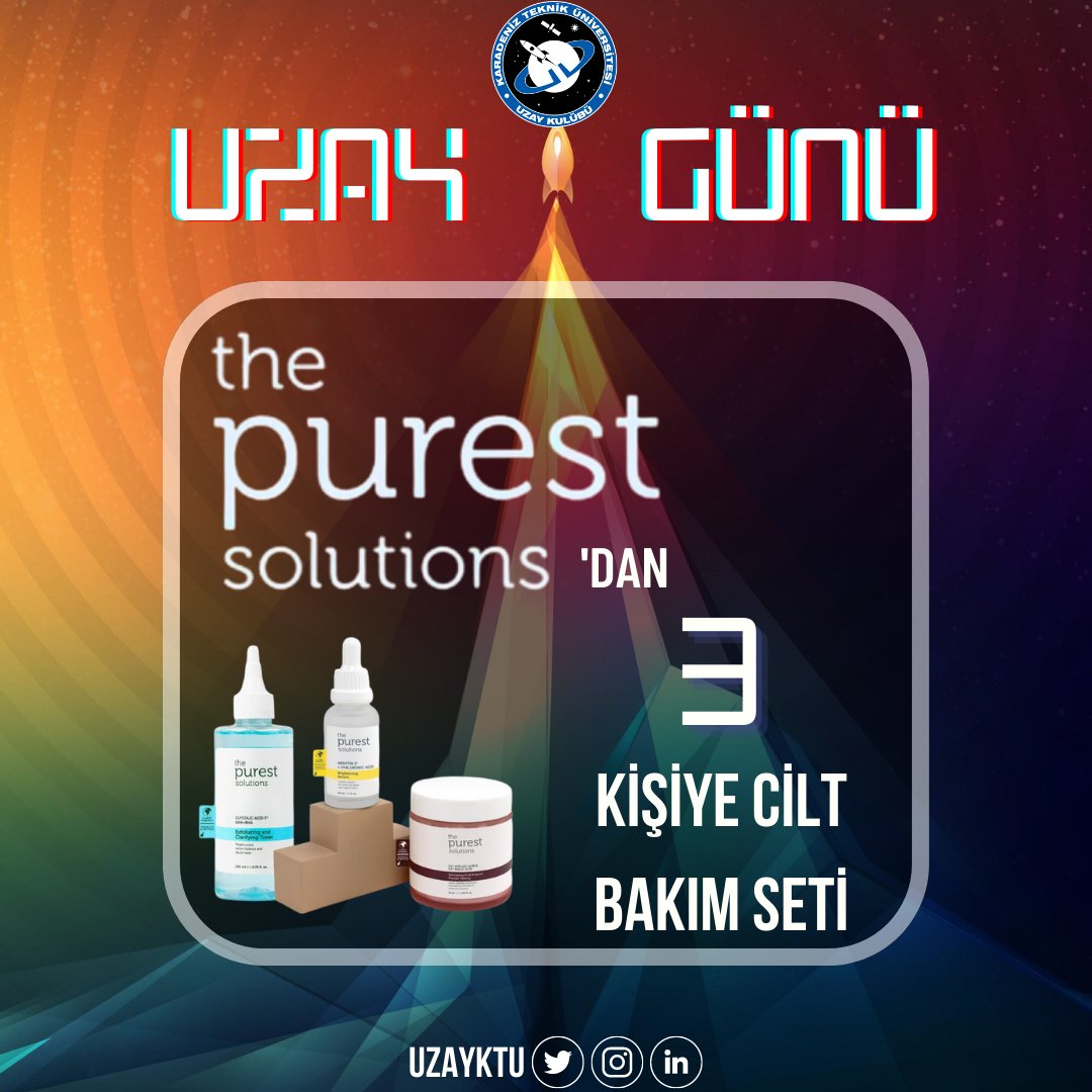 uzayktu's tweet photo. 🛸UZAY GÜNÜ |
25 Mayıs Perşembe 10:00 - 17:00 arasında gerçekleşecek etkinliğimizde @PurestSolutions  in şanslı kişilere hediyeleri olacaktır.

🎉 3 kişiye cilt bakım seti hediye

💯 Çekiliş 25 Mayıs Perşembe günü YouTube sohbet ekranında anlık olacaktır.

#cekilis  #uzay #ktü https://t.co/2L2hTZFxiw