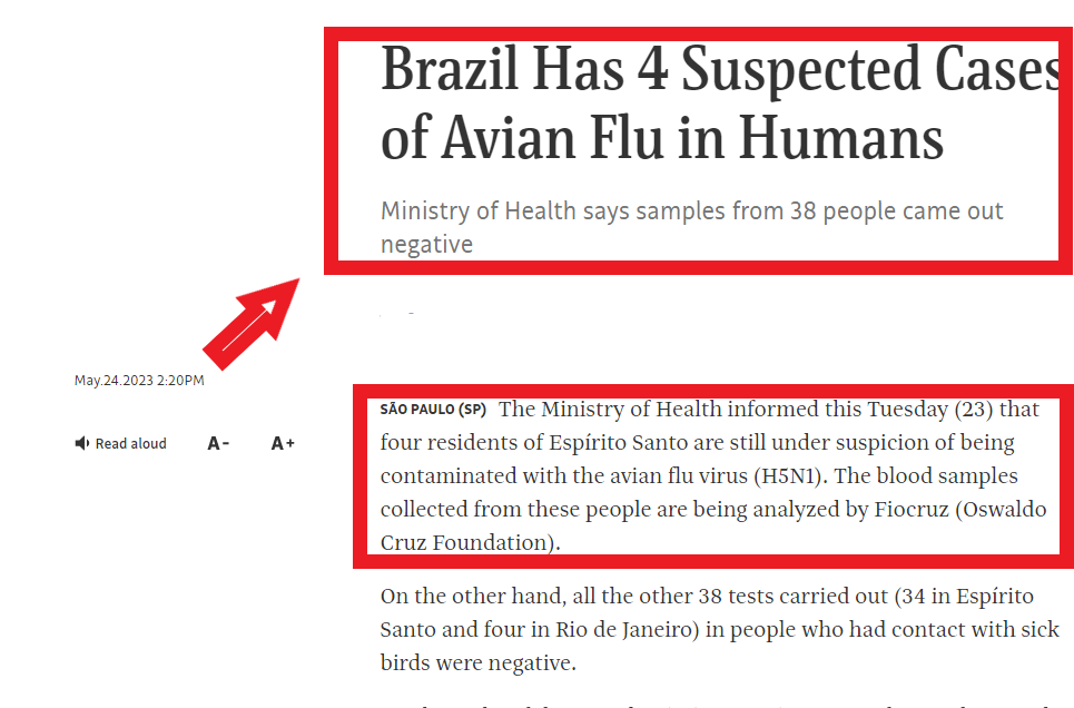 🇧🇷🇧🇷🇧🇷AVIAN FLU🦆
the country at risk
Highly Pathogenic Avian Influenza
🔽🔽🔽
4 suspected cases of AVIAN FLU in HUMANS
🧶