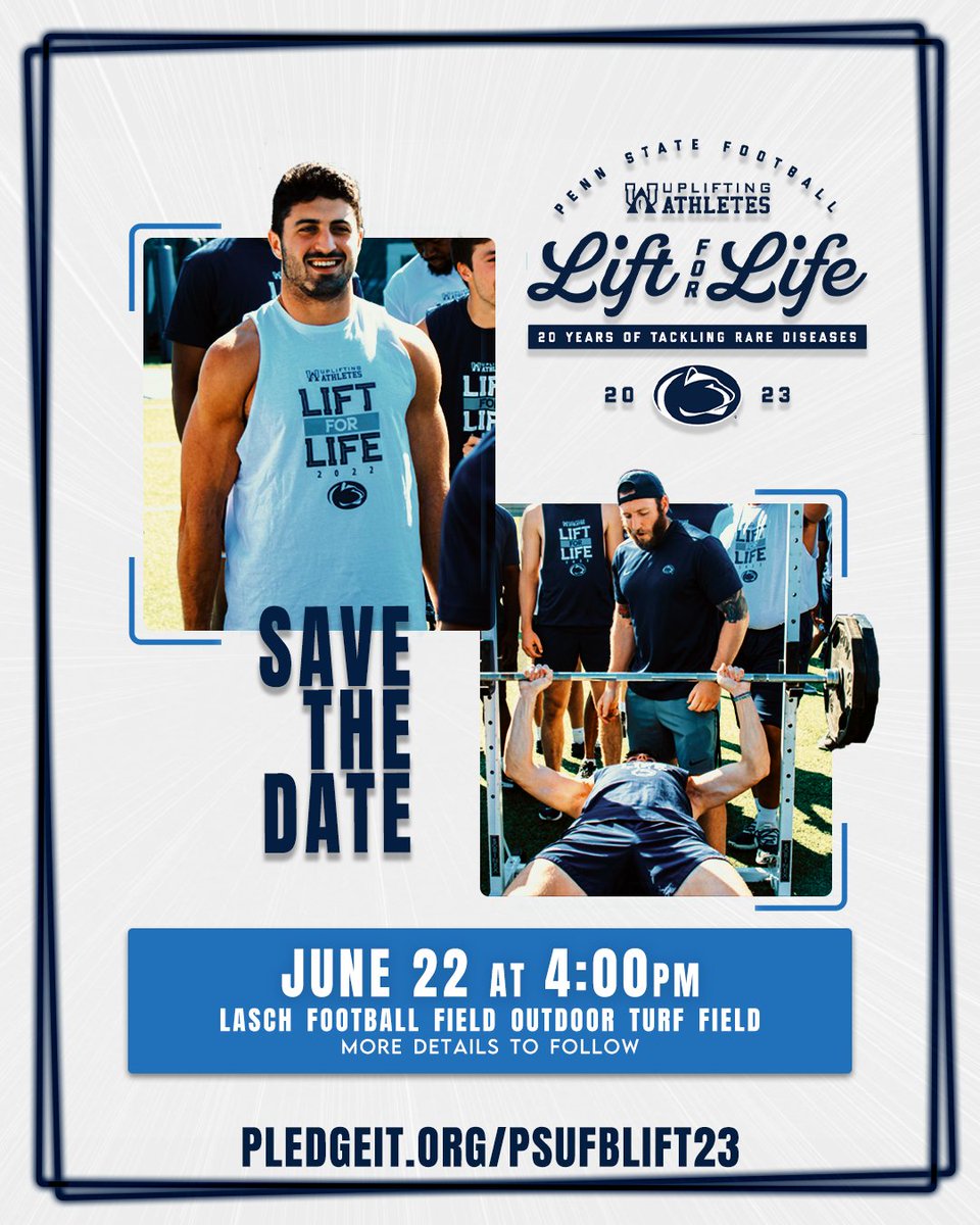 𝙎𝙖𝙫𝙚 𝙏𝙝𝙚 𝘿𝙖𝙩𝙚
20 years of <a href="/PennStateFball/">Penn State Football</a> Lift for Life will be celebrated on June 22 at 4pm ET. The public is invited to attend and cheer on the team as they raise money and awareness for #RareDisease. Learn more: bit.ly/423kbQD

#WeAre x #WeTackleRare