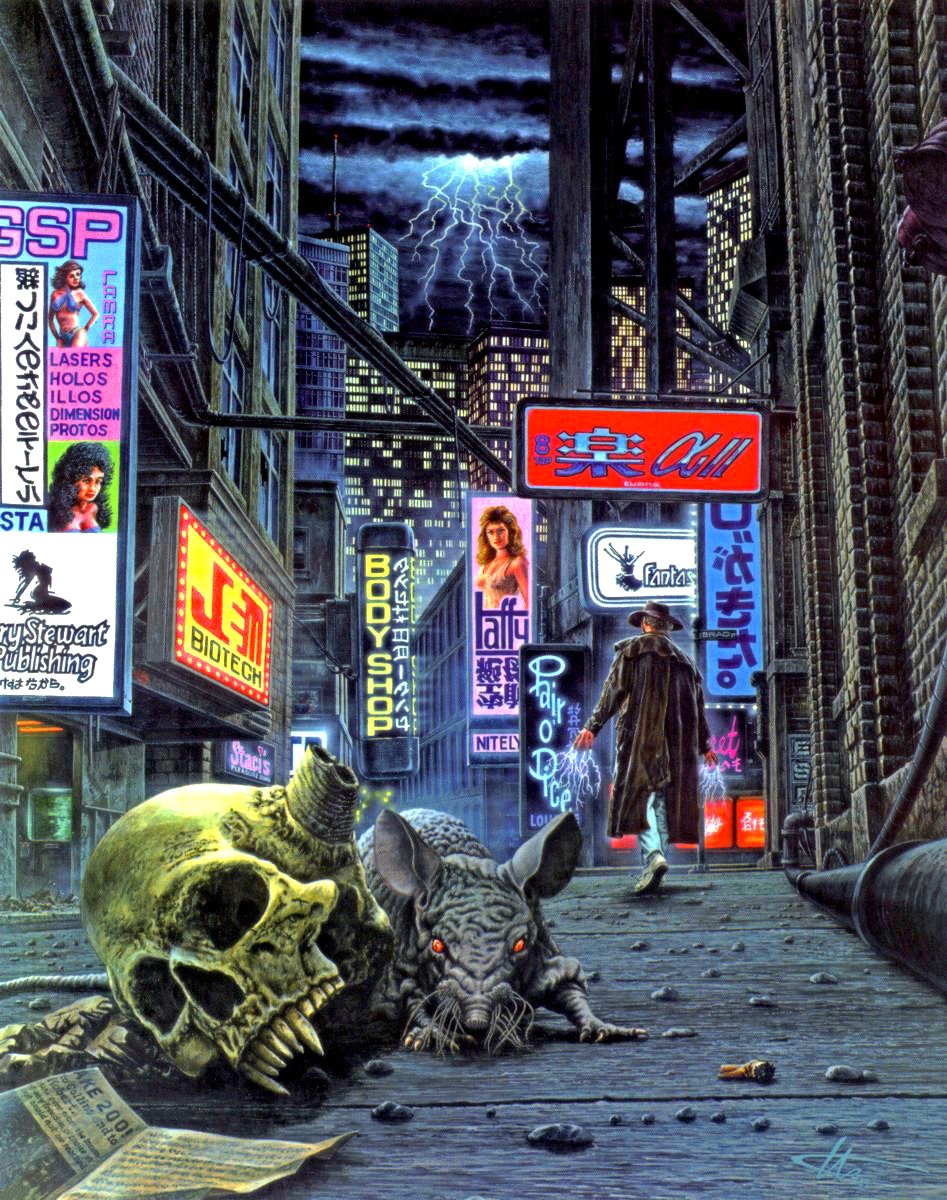 cyberpunk. art for 'neuromancer' by barclay shaw & juan giménez; art for shadowrun by doug andersen & steve venters