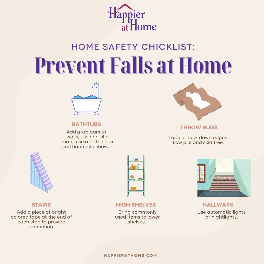 Use this home safety checklist to help your senior loved make their space more safe and prevent falls in the home. Happier at Home can also help with a free home safety evaluation!
#homesafety #fallprevention #seniorhealth